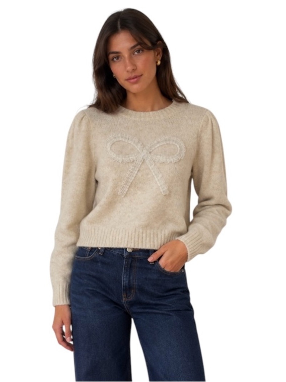 NWT Hudson Gray Cream Wool Blend Sweater White Lace Bow Medium Preppy Cottage